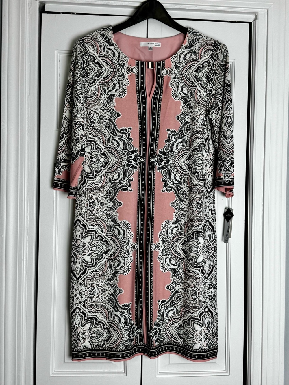 Studio One Pink & Black Printed Midi Sheath Dress